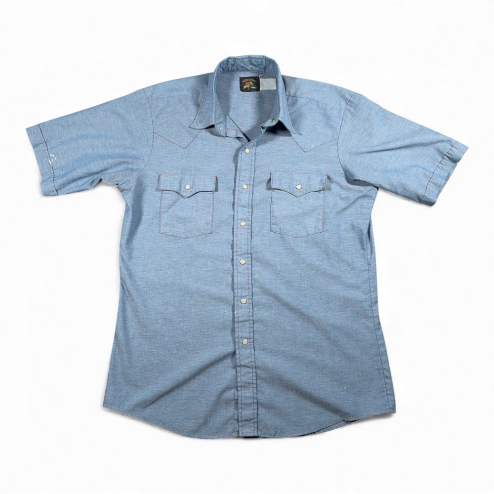 Vintage Saddle King Western Shirt Adult LARGE Blue Chambray Key Cowboy Work 90s